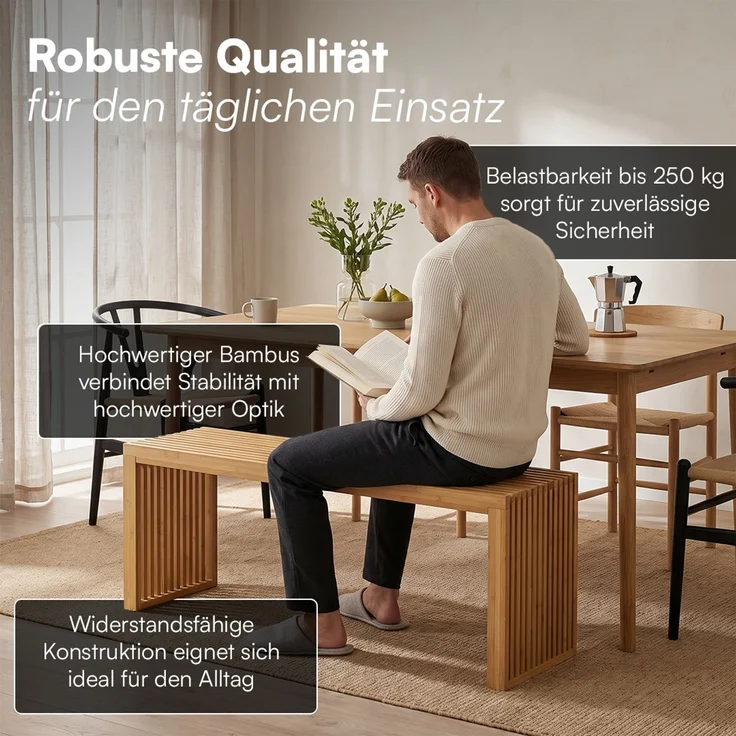 Bellamio 'Sava' Sitzbank, Bambus, natur, Holzbank ohne Lehne, 45x33x100 cm, bis 250 kg belastbar – Bild 4