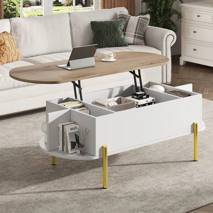 Lift-Couchtisch 120 x 50 x 43 cm, anhebbarer Wohnzimmertisch mit verstecktem Stauraum, 3 Ablagefächer, halboffene Regale