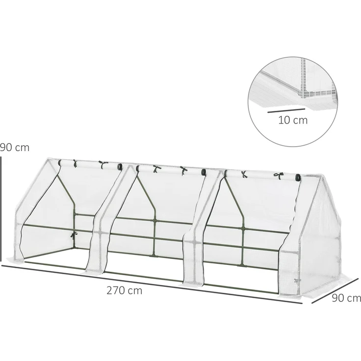 Wohnora-Mini-Gartengewächshaus, Tunnelgewächshaus, 270 x 90 x 90 cm (L x B x H), Spitzdach, Stahl, hochdichtes PE (140 g/m²), UV-beständig, 3 Fenster mit aufrollbaren Reißverschlüssen, Weiß,H 900cm x T 930cm x B 900cm – Bild 4