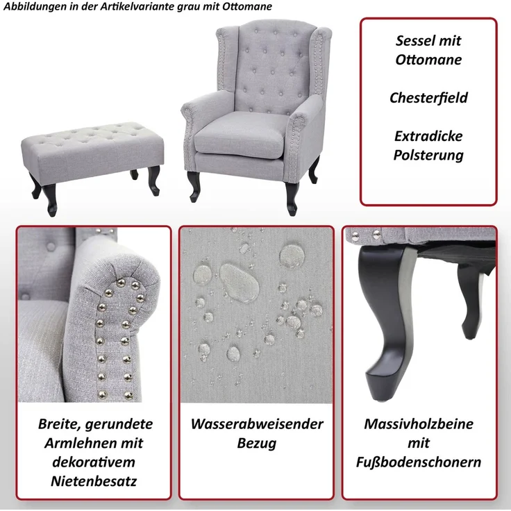 Sessel Chesterfield, Relaxsessel Clubsessel Ohrensessel, wasserabweisend Stoff/Textil ~ hellrosa ohne Ottomane – Bild 2