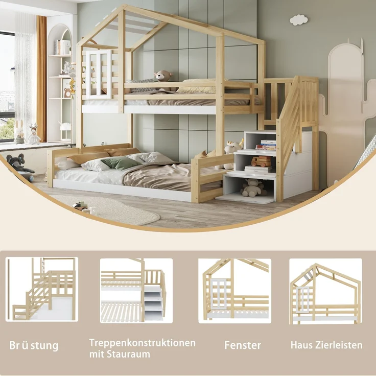 Etagenbett 140x200 Kinderbett Hausbett Kiefernholz+MDF, Geländer & Stauraum,Weiß & Natur – Bild 5