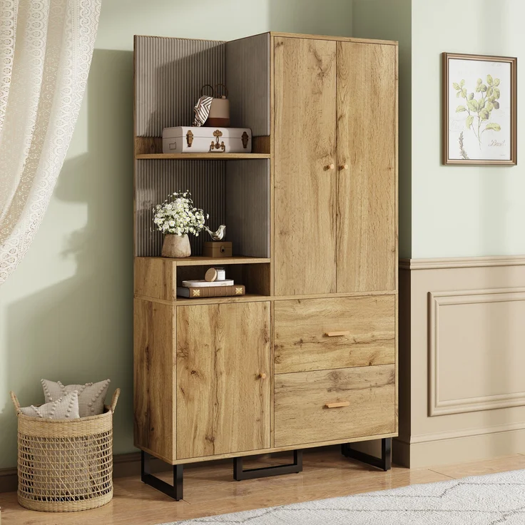 Kompaktgarderobe aus MDF mit Soft-Close & Schubladen, 110x38x186 cm, Natur/Schwarz – Bild 2