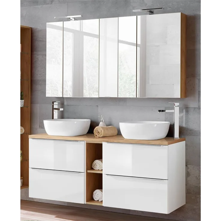 Badmöbel Set mit 2 Keramik-Aufsatzwaschbecken und 2 Spiegelschränken TOSKANA-56 Hochglanz weiß & Wotaneiche BxHxT ca. 140/190/46cm