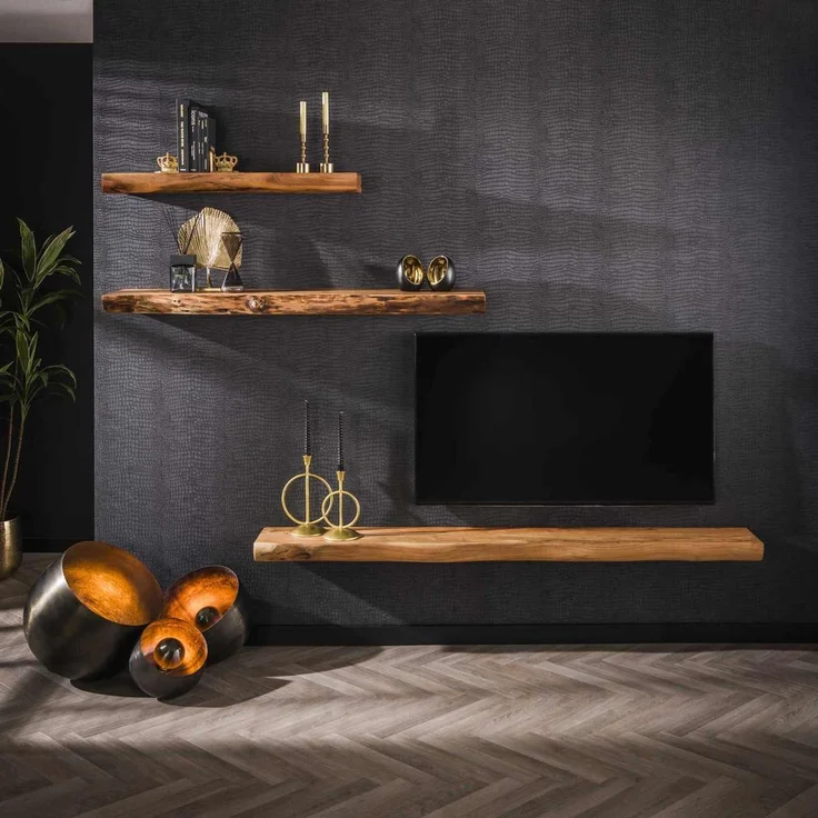 Wandregal Akazienholz massiv, modernes Design mit Baumkante, Natur, 150 cm breit – Bild 2