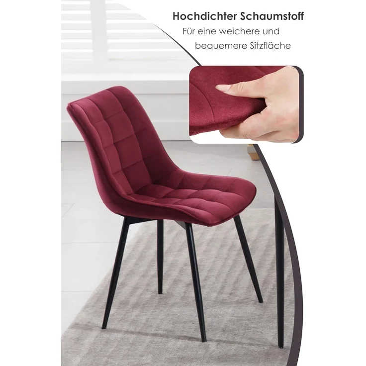 'Elif' 2er-Set Küchenstuhl mit Rückenlehne, Samt/Metallbeine, bordeaux – Bild 8