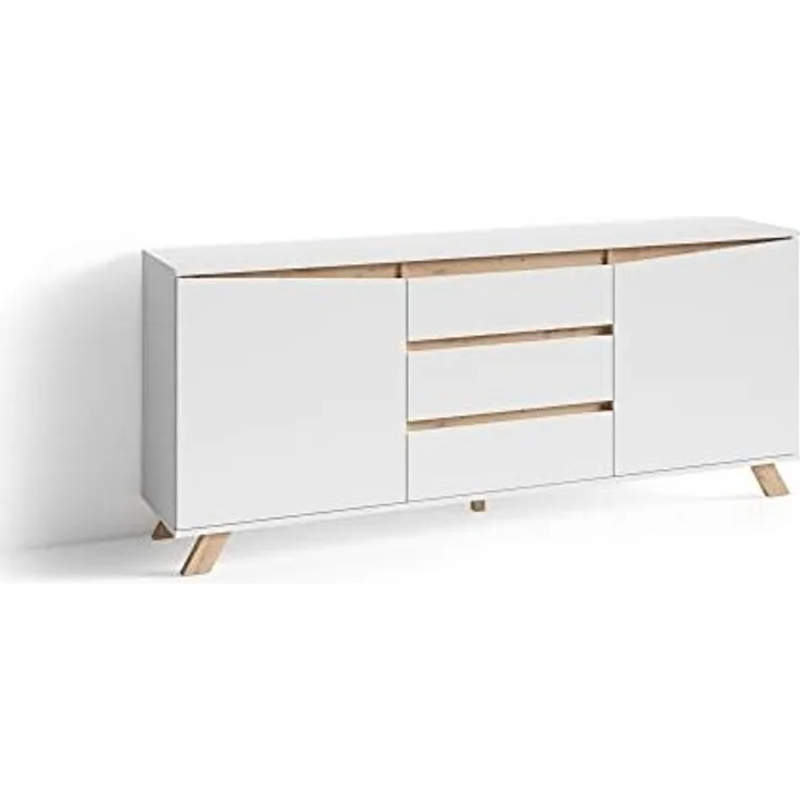 byLIVING Sideboard VALENTIN / Kommode matt weiß mit Absetzung in Eiche-Optik / Schrank mit 2 Türen und 3 Schubkästen / Im Scandi-Style / Grifflos / B 180, H 80, T 38 cm