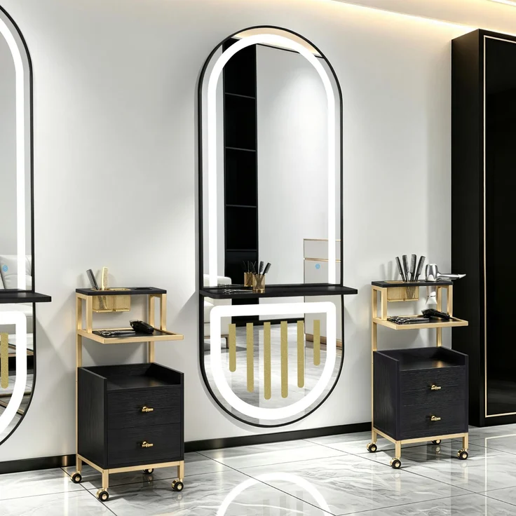 BarberPub Wandspiegel mit Beleuchtung, Ganzkörperspiegel mit Aluminiumrahmen, Spiegel Groß mit Ablage, Touch-Schalter, 3 Lichtfarben Dimmbar, Mondern für Friseursalon, 17x65x177 cm, J6257 (Schwarz) – Bild 2