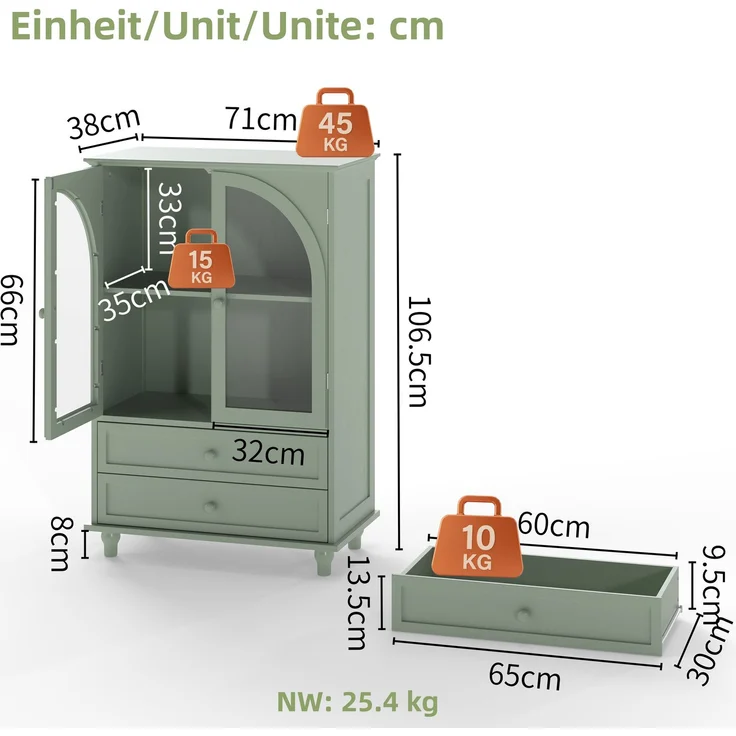 Vitrine im Landhausstil, B 38 x T 71 x H 106,5 cm, mintgrün, mit gewölbten Glastüren und 2 Schubladen – Bild 5
