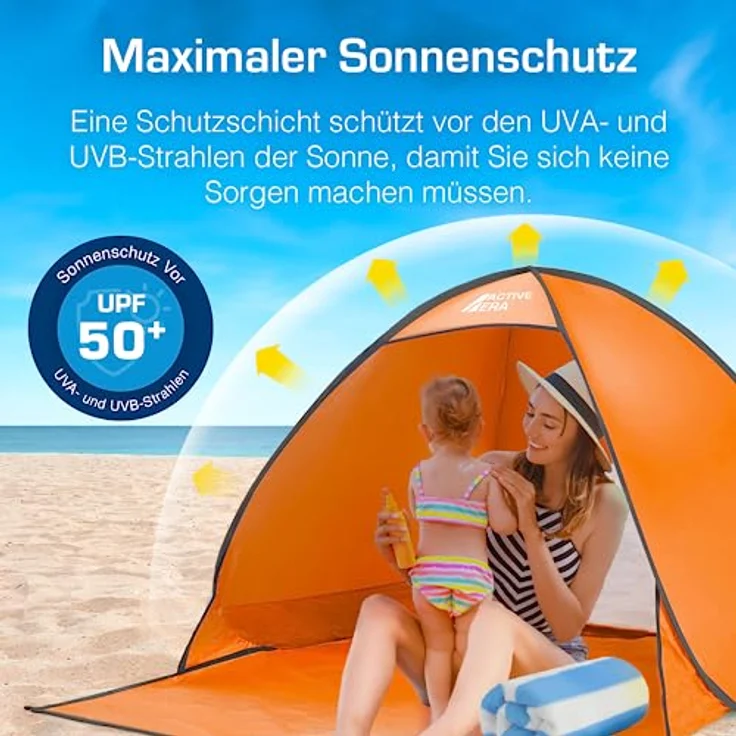 Active Era Pop Up Strandmuschel mit UV Schutz, UPF 50+ Strandzelt, Windschutz Strand, Zelt für 2-3 Personen inkl. Tragetasche und Heringe - Orange – Bild 2