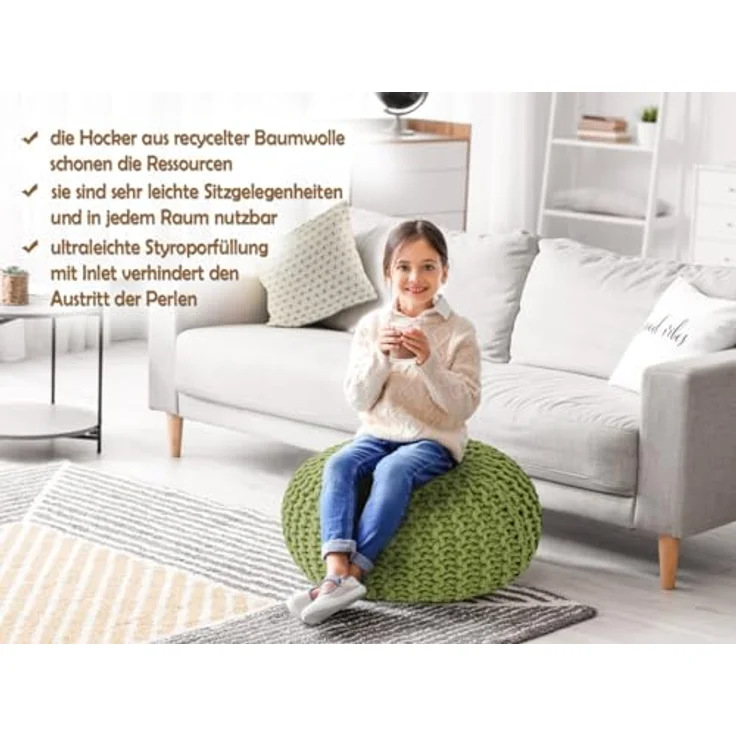 Amagohome Sitzhocker, Pouf, XXL Baumwolle, Grün, ø 45 cm – Bild 7