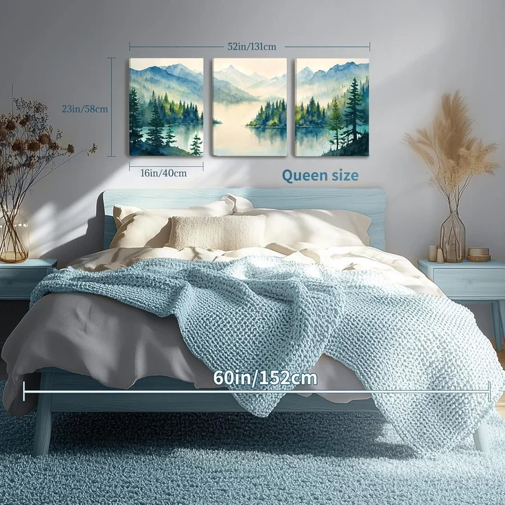 Aquarell Wald Blaugrün Leinwand Bilder Set 40cm x 58cm x 3 – Bild 5