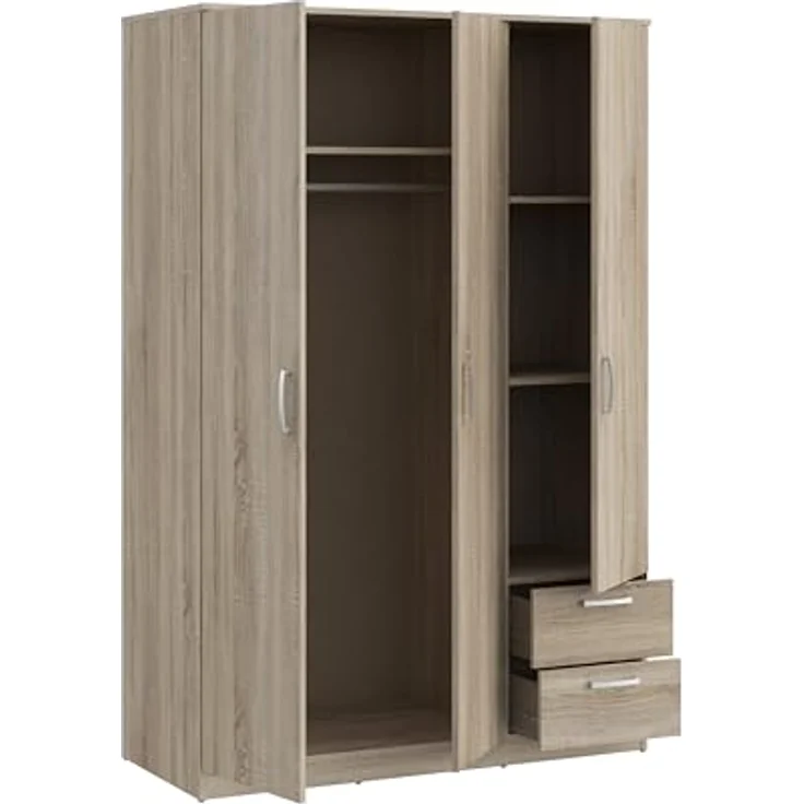 FORTE NIKO Schrank 120 130, Kleiderschrank, Drehtürenschrank Skandinavisch, 3-türig mit 2 Schubladen, Einlegeböden und Kleiderstange, Sonoma Eiche, 123 cm breit x 185 cm hoch x 53 cm tief – Bild 5