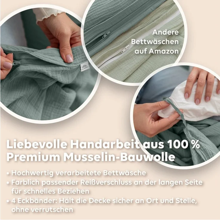 lilimaus Bettwäsche Musselin Bettbezug-Set 135x200 155x220 200x200 - Baumwolle, 3 teilig, Set mit seitlichem Reißverschluss - kühl im Sommer, warm im Winter – Bild 4