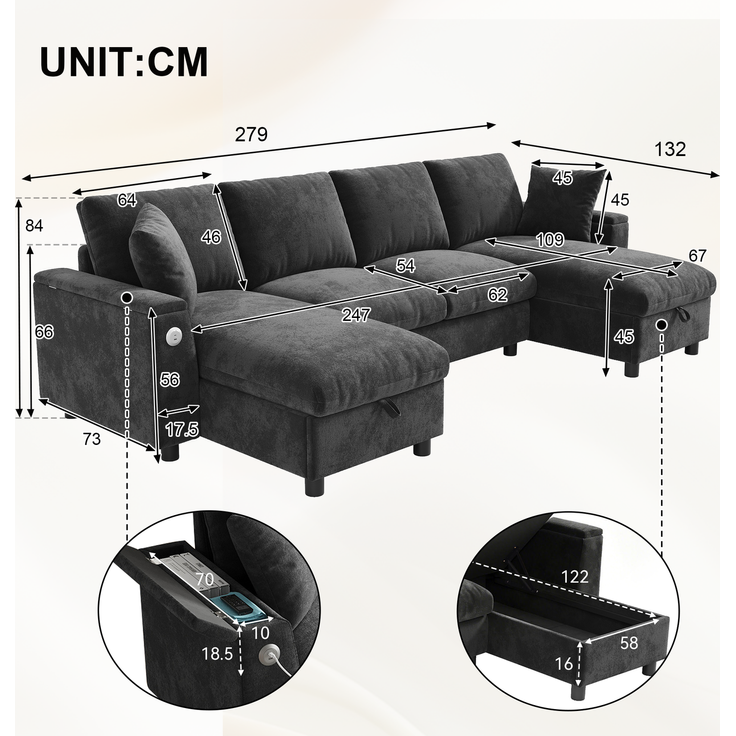 Chenille-U-Sofa mit 2 Stauraum-Chaiselongues, USB und USB-C, gepolsterte modulare Wohnlandschaft 279 cm mit Taschenfederkern, Grau – Bild 2