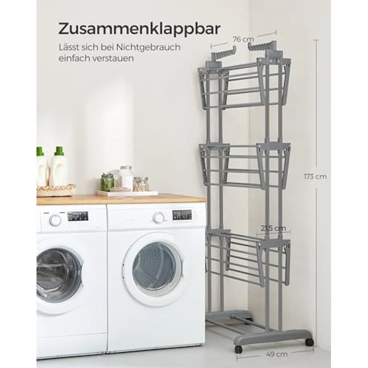 SONGMICS Wäscheständer, Standtrockner 4 Ebenen, Flügelwäscheständer, klappbare Flügel, mit Rollen, 63,5 x 128 x 173 cm, groß, einfacher Aufbau, Taubengrau LLR701G01 – Bild 7