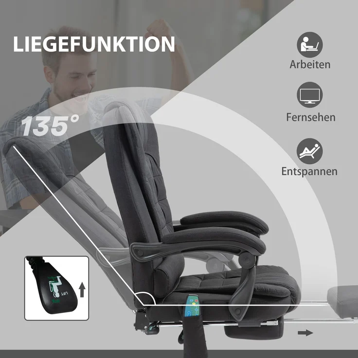 Bürostuhl mit Massagefunktion, Ergonomisch Schreibtischstuhl mit Liege- & Wärmefunktion, Höhenverstellbar Computerstuhl mit Fußstütze, Seitentasche und Fernbedienung, Schwarz--Schwarz--65x70x119cm--YOUDENOVA – Bild 5