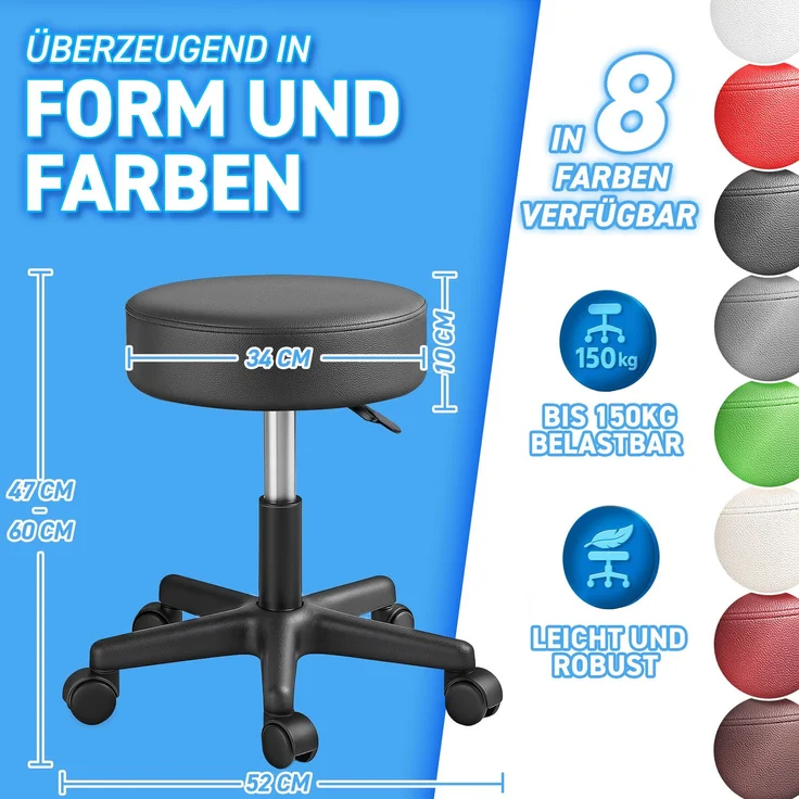 TRESKO Rollhocker höhenverstellbar Schwarz | Drehhocker 10 cm Dicke Polsterung | Arbeitshocker 360° drehbar | Hocker – Bild 5