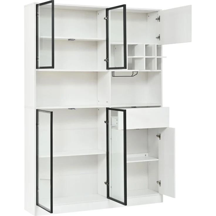 140x30x200cm Vitrine, Standvitrine mit 1 Schubladen 7 Schranktüren, Glasvitrine mit LED, Wohnzimmerschrank , Multifunktionsschrank mit 6 Weinregal,Becherhalter mit Aufhängung, Großer Schrank, Weiß – Bild 10
