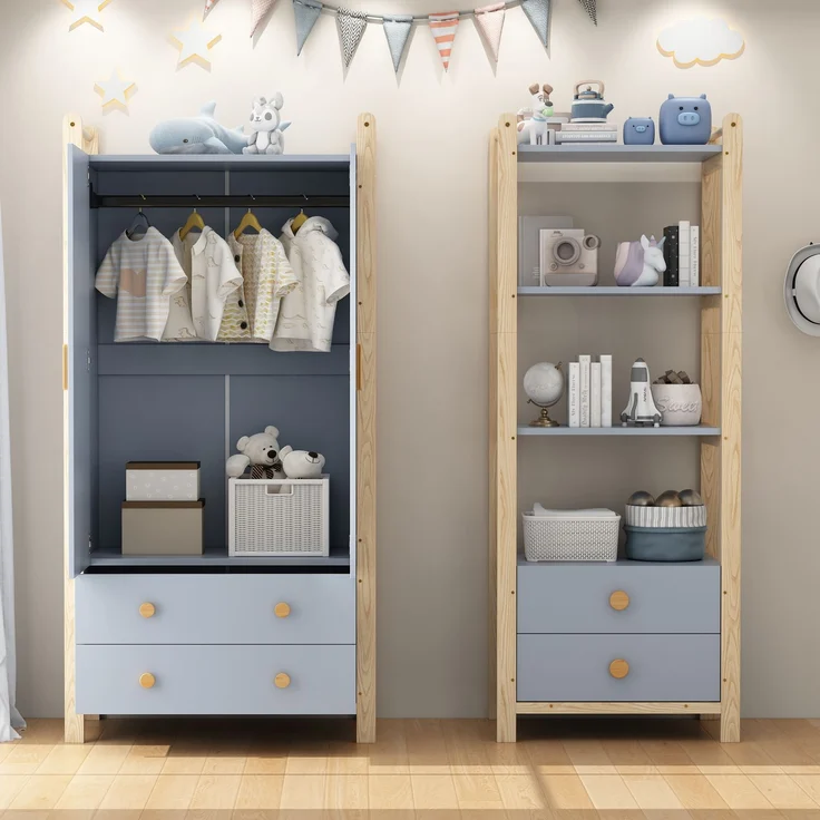 Doppelklappengarderobe, Kombinationsgarderobenset, Garderobe + Regal, Kinderzimmer-Set, Kombinationsmöbel, mit Kleiderstange und Schubladen, Fichtenrahmen, Farbkombination Blau + Naturholz, Höhe 180cm – Bild 3