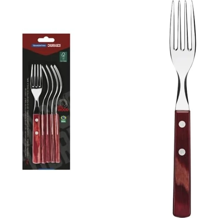 Tramontina Tafelgabel Steak/Pizza - Set 6-teilig, mit FSC Holzgriff (6 Stück), Echtholzgriff, rostfreier Edelstahl, spülmaschinenfest – Bild 2