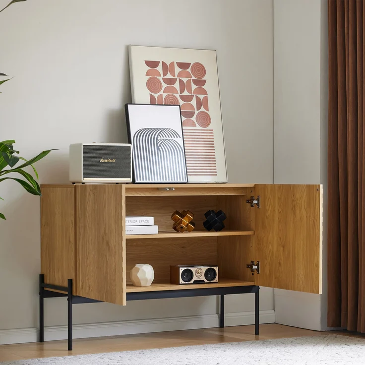 Sideboard Modern Mit Verstellbarem Regalbrett Metallrahmen Natur Farbe 100cm Breit Mit Kippsicherung Aufbewahrungsschrank Kommode Für Wohnzimmer Schlafzimmer Flexible Stauraumlösung, 75cmx40cmx100cm, Natur – Bild 8