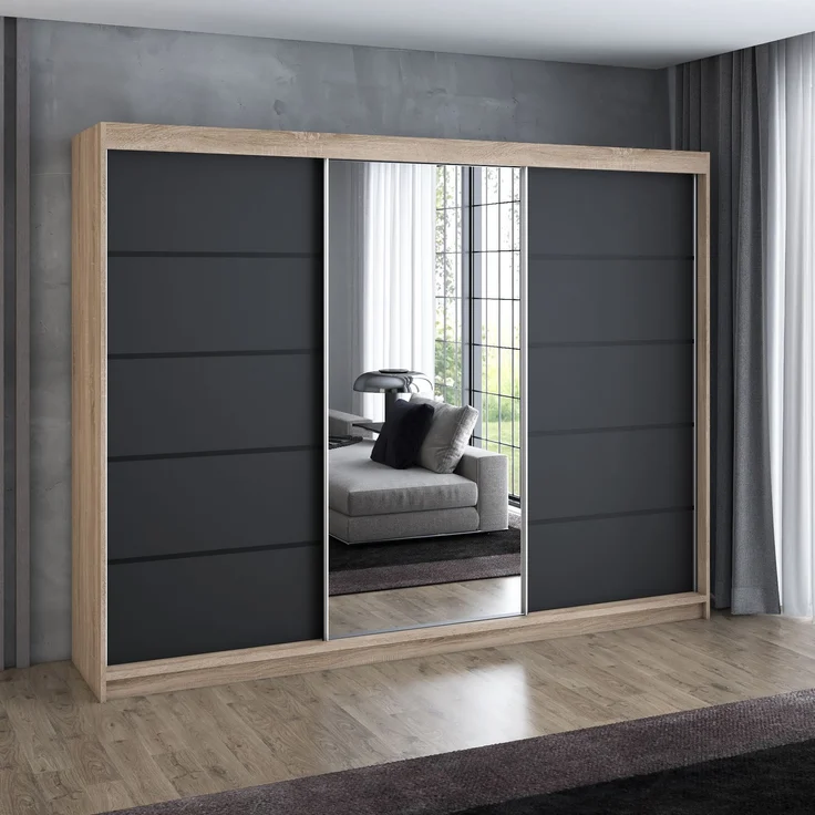 A&J MöbelLand 'Viluno 2' Schwebetürenschrank mit 4 Schubladen und Spiegel, Spanplatte, 215 x 59,5 x 200 cm, Schwarz / Schwarz / Natur – Bild 3