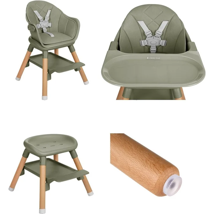 Kikkaboo Kinderhochstuhl Woody 3 in 1 Holzbeine Kinderstuhl Fußstütze Tablett grün – Bild 4