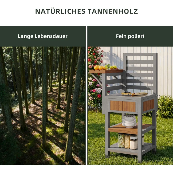 Merax Gartenschrank Holz Outdoor wetterfest – Geräteschrank mit großer Edelstahl-Arbeitsfläche & doppeltem Ablageboden, Grillstation mit zusätzlichem Stauraum, wetterbeständiger Küchenschrank – Bild 7