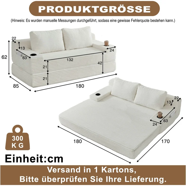 ZUBALIYA Sofa mit LED - Beleuchtung, mit Stauraum, mit Cordbezug, mit breiten Armlehnen, ohne aufwendige Montage – Bild 2
