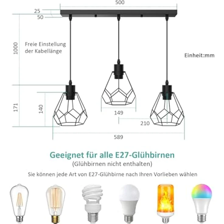 EMKE Pendellampe Pendelleuchte 3 flammig Hängelampe, Vintage Hängeleuchte Esszimmer Esstisch Lampenschirm Licht, E27 Lampe Hängend Küche Wohnzimmer Pendellampen Schwarz – Bild 4