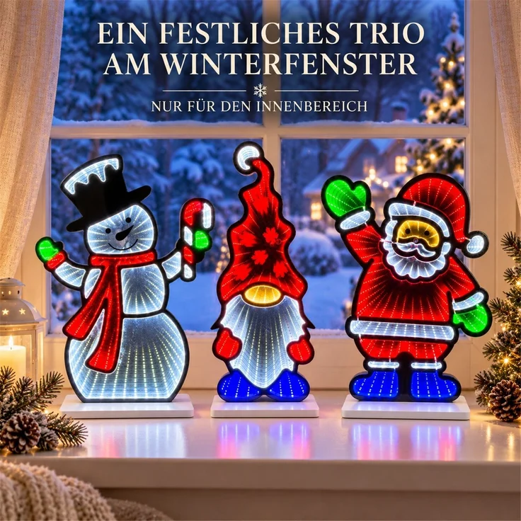 LED Infinity Spiegel 3er-Set Weihnachtsmann, Schneemann, Wichtel mit Timer – Bild 7