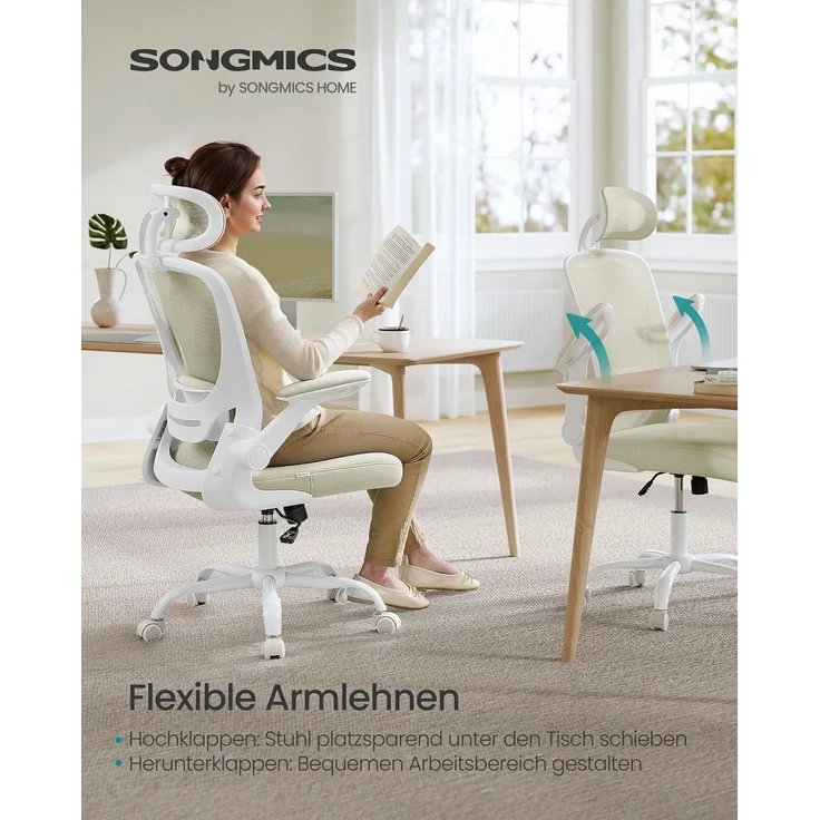 SONGMICS Bürostuhl ergonomisch, Schreibtischstuhl, Drehstuhl mit Mesh, gepolsterte Lendenstütze, Wippfunktion, 53 cm große Sitzfläche, klappbare Armlehnen, Kopfstütze, cappuccinobeige OBN047K01 – Bild 6