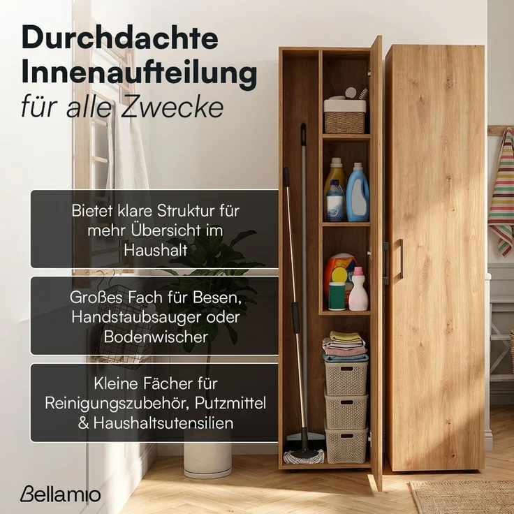 Bellamio 'Apol' Mehrzweckschrank schmal, Eichenoptik, 176x33x40 cm, Besenschrank mit Staubsaugerfach und 3 kleinen Fächern – Bild 2