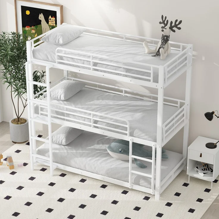 EINHOM 90 x 200 cm Bettgestell Metallbett, Etagenbett, Eisenbett, Dreifach-Etagenbett für Kinder, Jugendliche und Erwachsene, Weiß (Ohne Matratze) – Bild 3