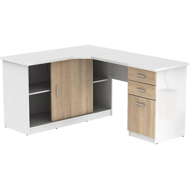 Vente-unique - Eckschreibtisch mit 2 Türen & 2 Schubladen - Weiß & Eichefarben - NORWY