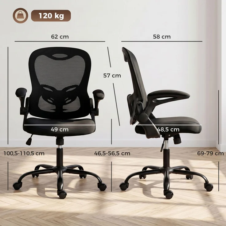 Ergonomischer Bürostuhl, Bürostuhl aus Netzgewebe, hochklappbare Armlehnen, höhenverstellbar, Wippfunktion, schwarz – Bild 5