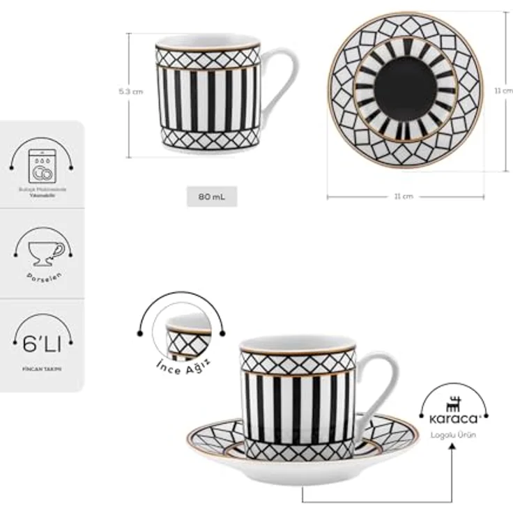 Karaca Kaffeeservice Karaca Helenistik für 6 Personen Kaffeetasse, 80 ml, Porzellan – Bild 4