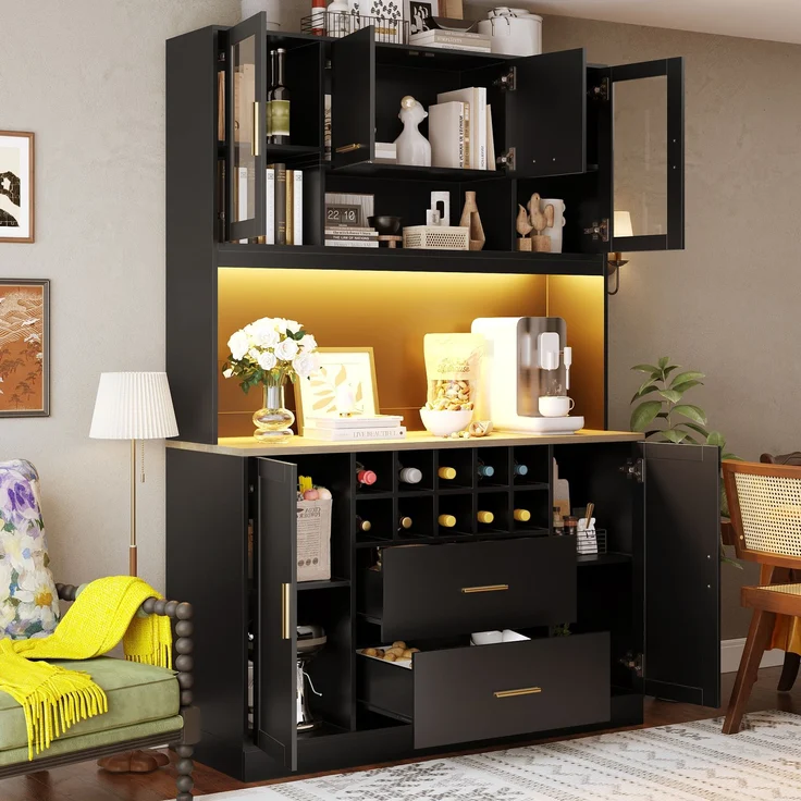 EINHOM Seitenschrank, Aufbewahrungsschrank, Küchenschrank, Anrichte, 120 x 36, 3 x 180 cm, mit LED-Beleuchtung und Steckdose, Sechs Türen, Zwei große Schubladen, Schwarz/weiß, Schwarz – Bild 5
