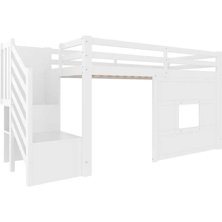 Hochbett mit Lattenrost und LED-Beleuchtung, 90x200 cm, Treppe mit Regal, Kinderbett mit Rausfallschutz, Spielbett, Kiefer – Bild 10
