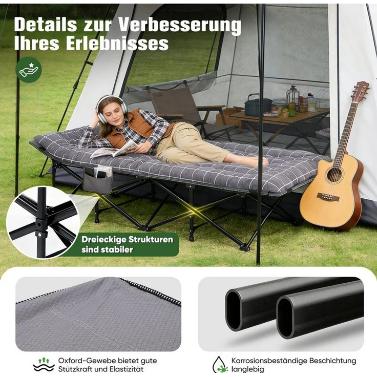 Sekey Feldbett 190cm x 71cm Campingbett Klappbar mit Matratze Gästebett Klappbett Tragbares Campingliege bis 200kg, Kariert, für Outdoor, Indoor, Reisen – Bild 3