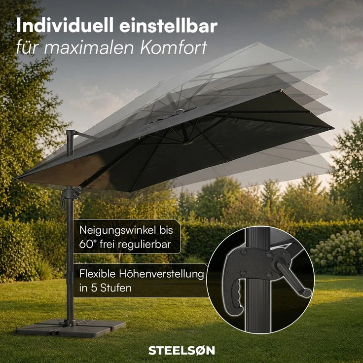 STEELSØN 'Lyrion' Sonnenschirm 300x300 cm quadratisch, neigbar und 360-Grad drehbar, schwarz, Ampelschirm inkl. Abdeckung, UV50+ – Bild 3