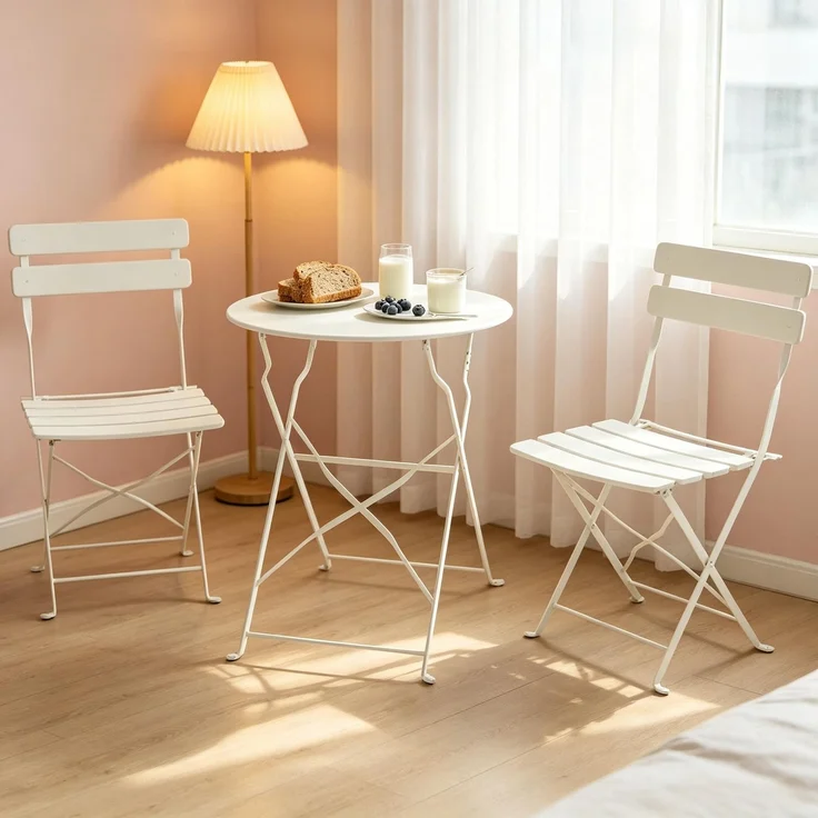 Esstisch 58 x 58 x 70 cm mit 2 Klappstühlen, Metall, Creme, für Balkon und Garten – Bild 3