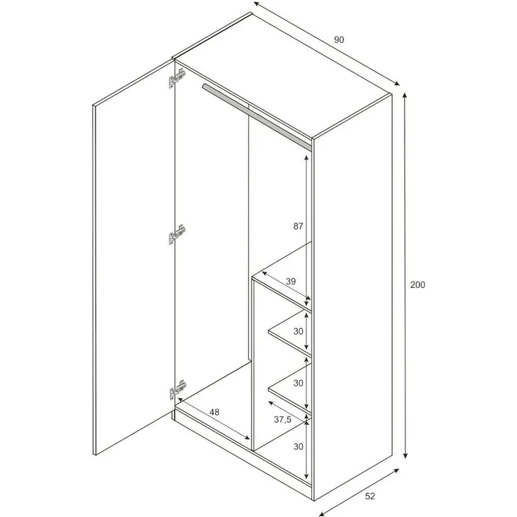 Dreitüriger Kleiderschrank mit Kleiderstange und drei Innenböden, Farbe weiß mit heller Holzoptik mit wassergrünem Türdetail, 90 x 200 x 52 cm. – Bild 2