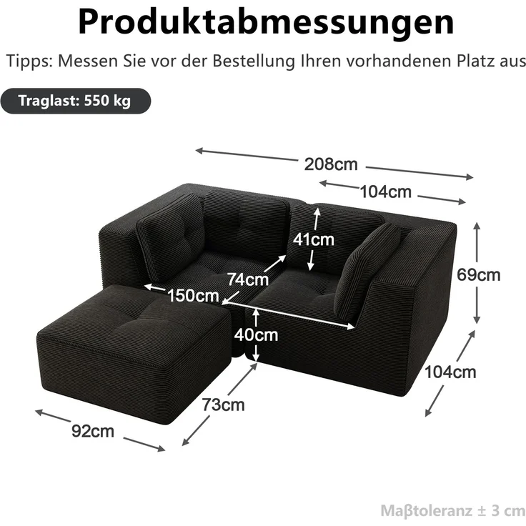 EINHOM Modulares und konfigurierbares Ecksofa, zweisitziges, rahmenloses L-förmiges Sofa mit beweglicher Fußstütze, bequemer Cordstoff, geeignet für Wohn- und Schlafzimmer, Schwarz – Bild 2