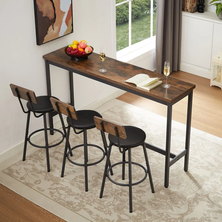 Bartisch-Set 160x40x94,5 cm mit 3 Barhockern, Spanplatte und Stahl, Rustikalbraun/Schwarz – Bild 1