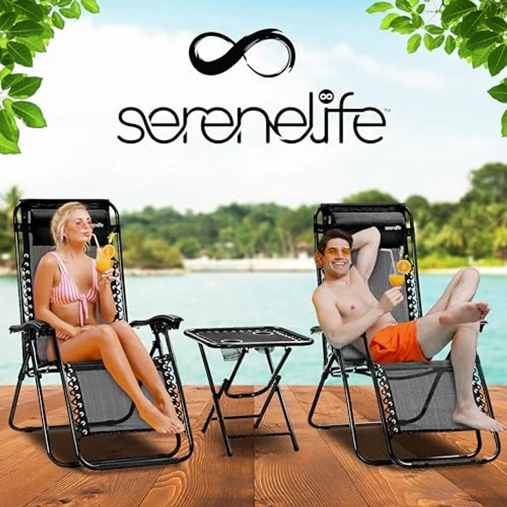 SereneLife Liegestuhl, Gartenliege Klappbar, Strandliege, Sonnenstuhl als Gartenbett mit atmungsaktivem Textil, Verstellbar zum Liegen für Garten & Camping mit Seitentisch, Kopfkissen & Getränkehalter – Bild 9