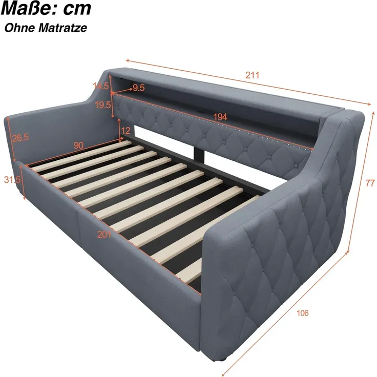 Schlafsofa mit LED-Beleuchtung und Aufbewahrung, Polsterbett mit Lattenrost, 90x200 cm, Einzelbett, Jugendbett, Leinen – Bild 6