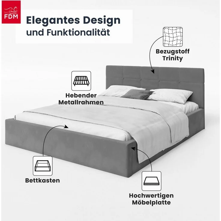 FDM Polsterbett VEGAS Bettkasten MADE IN EU - mit hochwertigem Velours Bezug (verfügbar 90x200 120x200 140x200 160x200 180x200 cm, Bettrahmen, Bett, mit großen gepolsterten Kopfteil, mit Bettkasten zum aufklappen), Hebbarer Metallrahmen, Bettkasten, ohn... – Bild 2