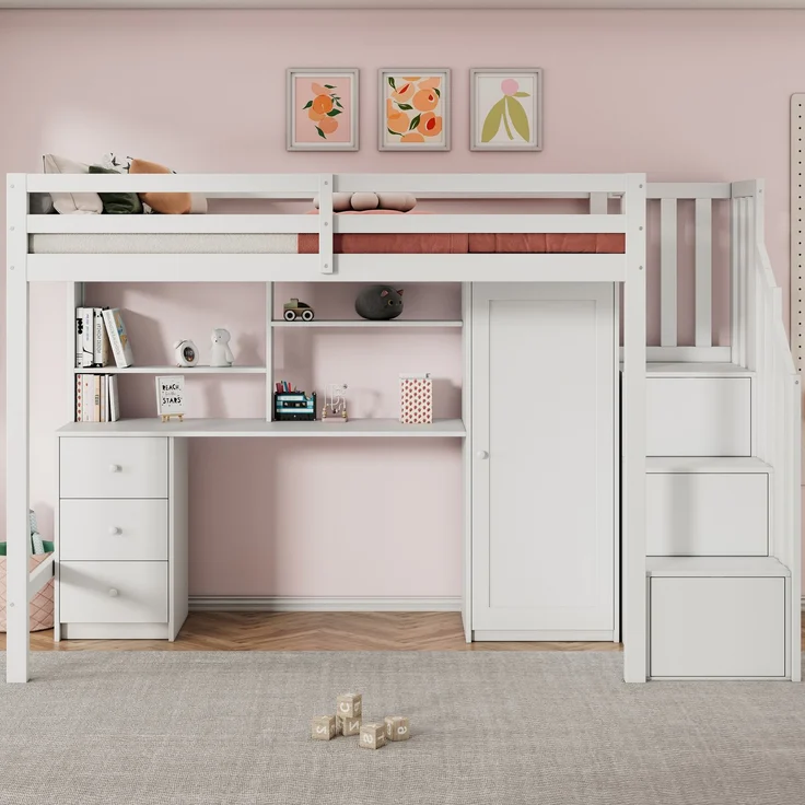Merax Hochbett Etagenbett 90*200cm Kinderbett mit Schreibtisch und Kleiderschrank, Treppe, multifunktionales Kinderetagenbett, ausgestattet mit Schubladen und Treppenschrank, weiß – Bild 2