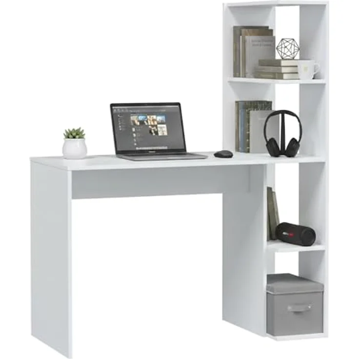 Dmora - Pittston-Schreibtisch, linearer Schreibtisch mit Bücherregal, platzsparender Mehrzweck-Bürotisch, 110x52h136 cm, Weiß – Bild 4